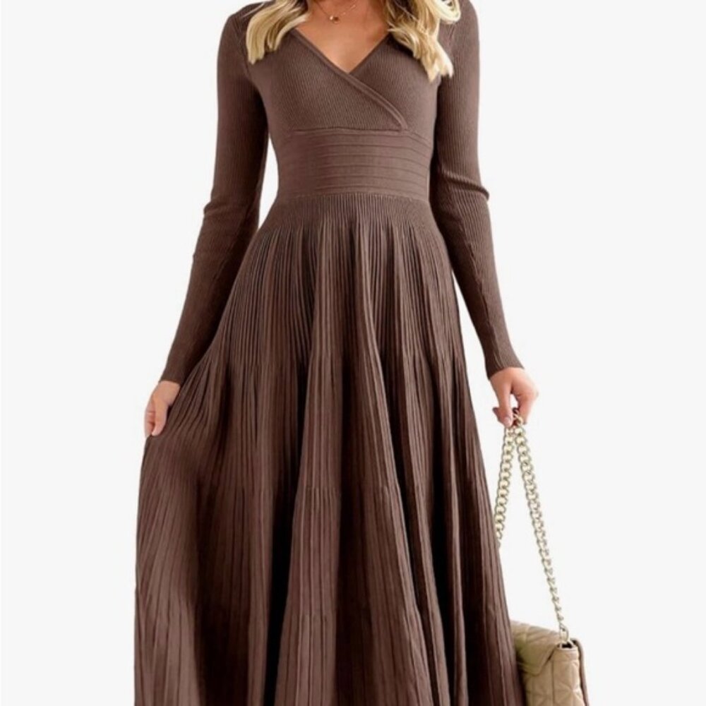 Brown Long Sleeve Knit Dress with V neck - Women’s size XS - NWT - Picture 4 of 6